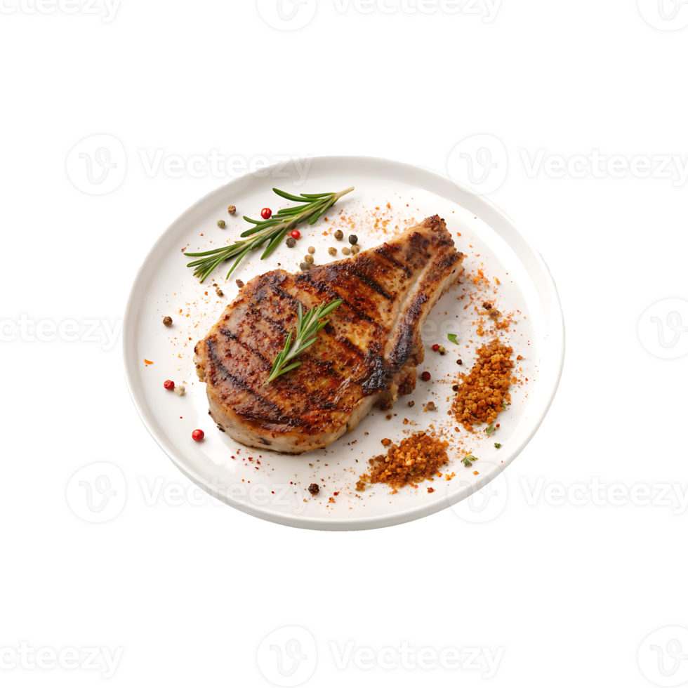 Grilled Pork Chop with Rosemary and Spices on a White Plate with transparent background. png