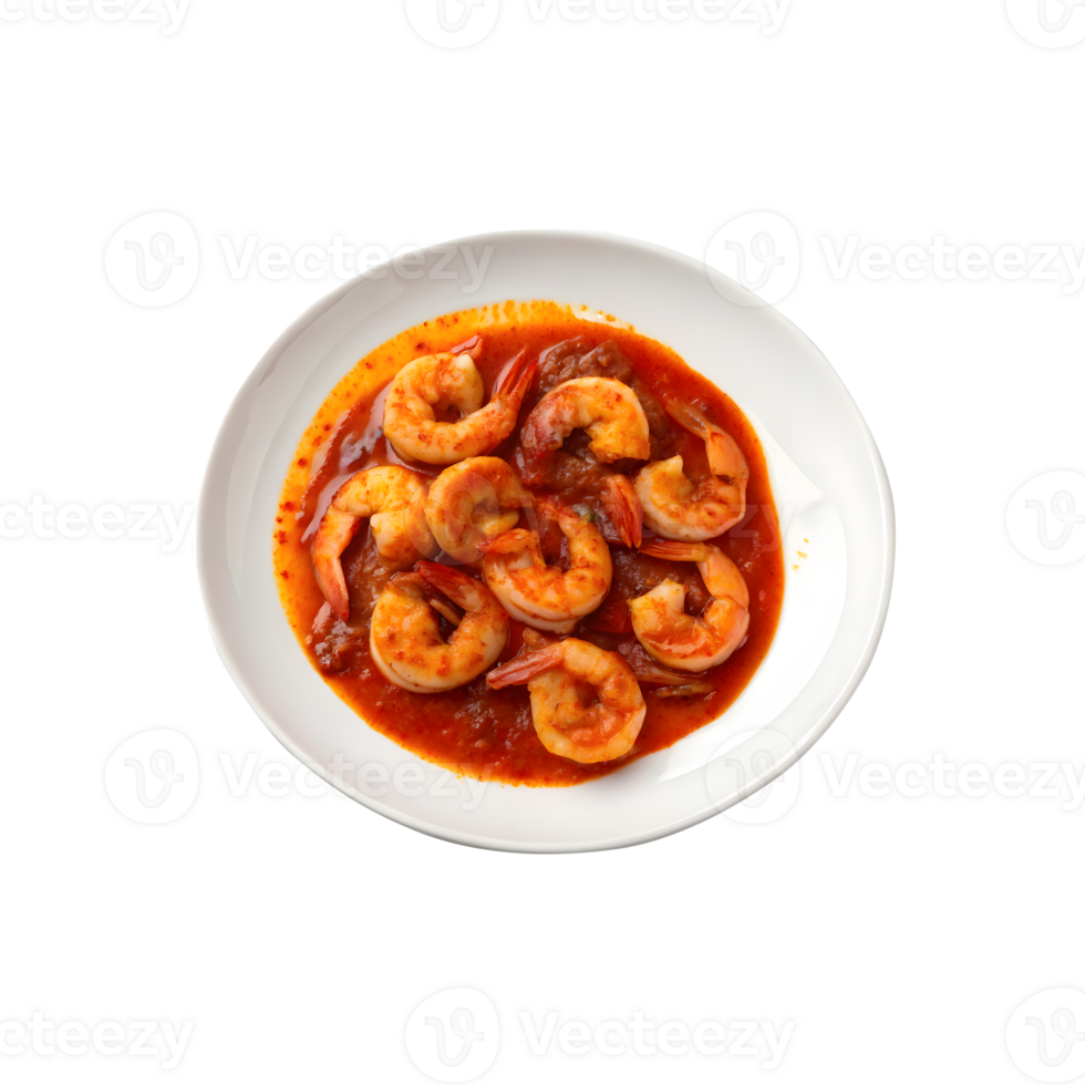 Delicious Cooked Shrimp in a Spicy Red Sauce on transparent background. png