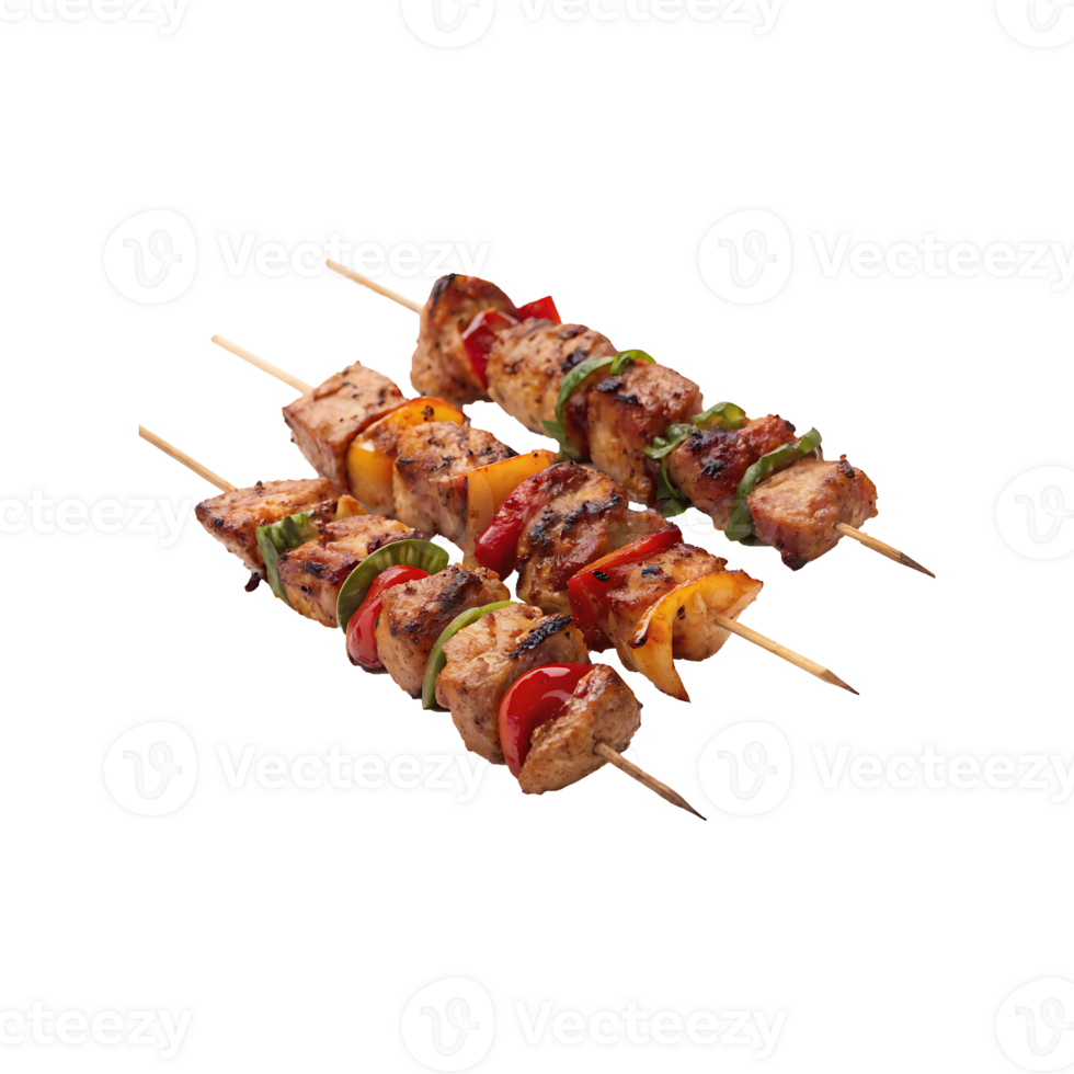 Grilled Meat and Vegetable Skewers and shish kebabs on skewers with transparent background. png