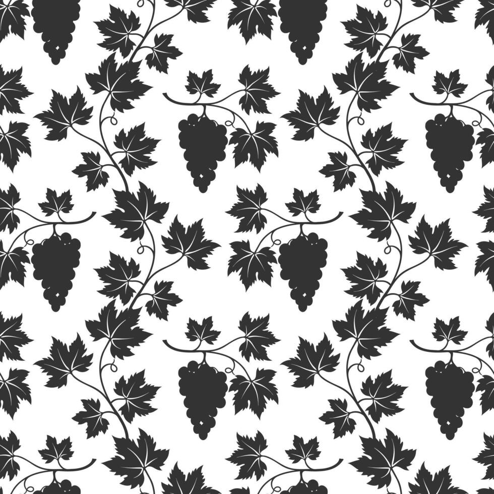 Grape vine pattern, dark vine silhouette on white background. vector