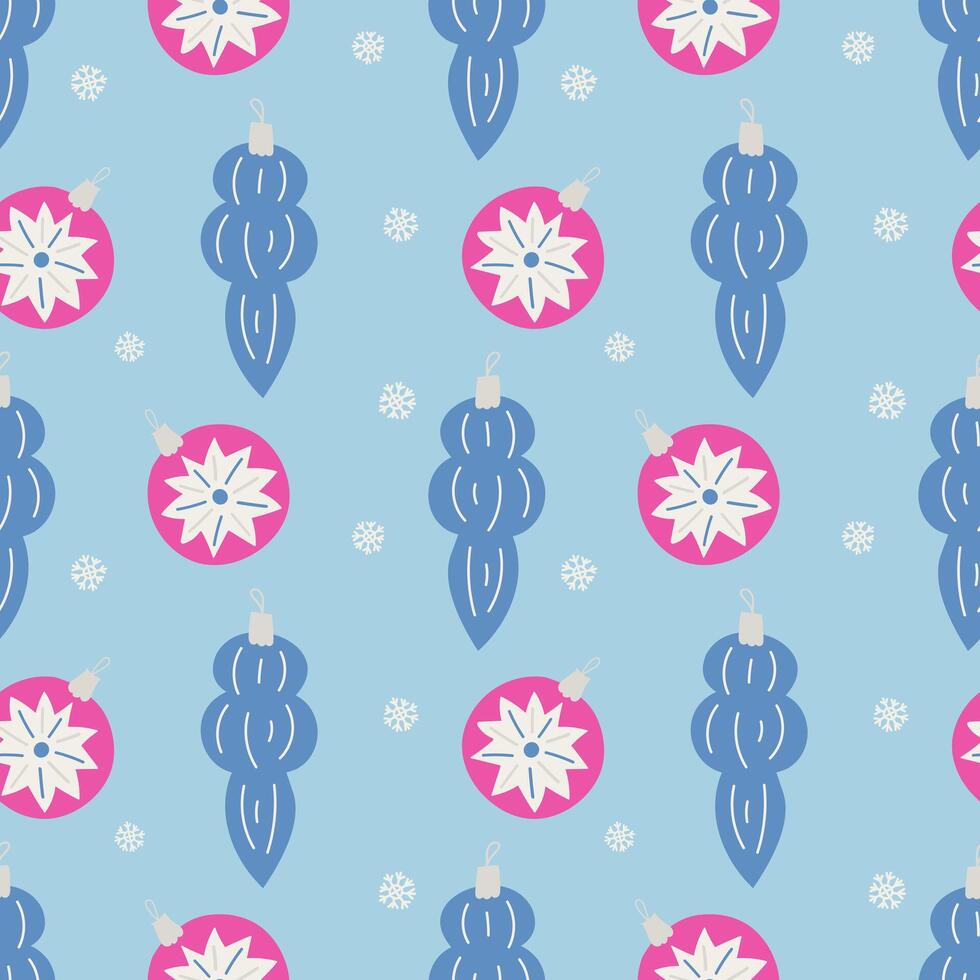 New Year tree decorations, balls and icicles for Christmas holiday decoration. Simple New Year winter pattern. vector