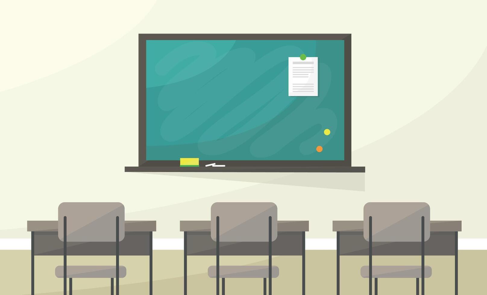 Chalkboard and student desks in classroom vector
