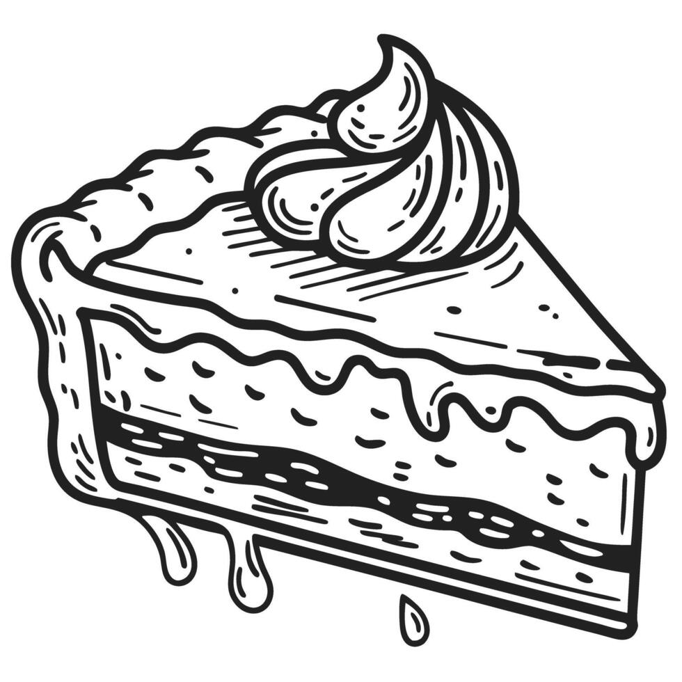 Slice of pie with whipped cream, monochrome dessert illustration vintage bakery pastry drawing with dripping filling vector