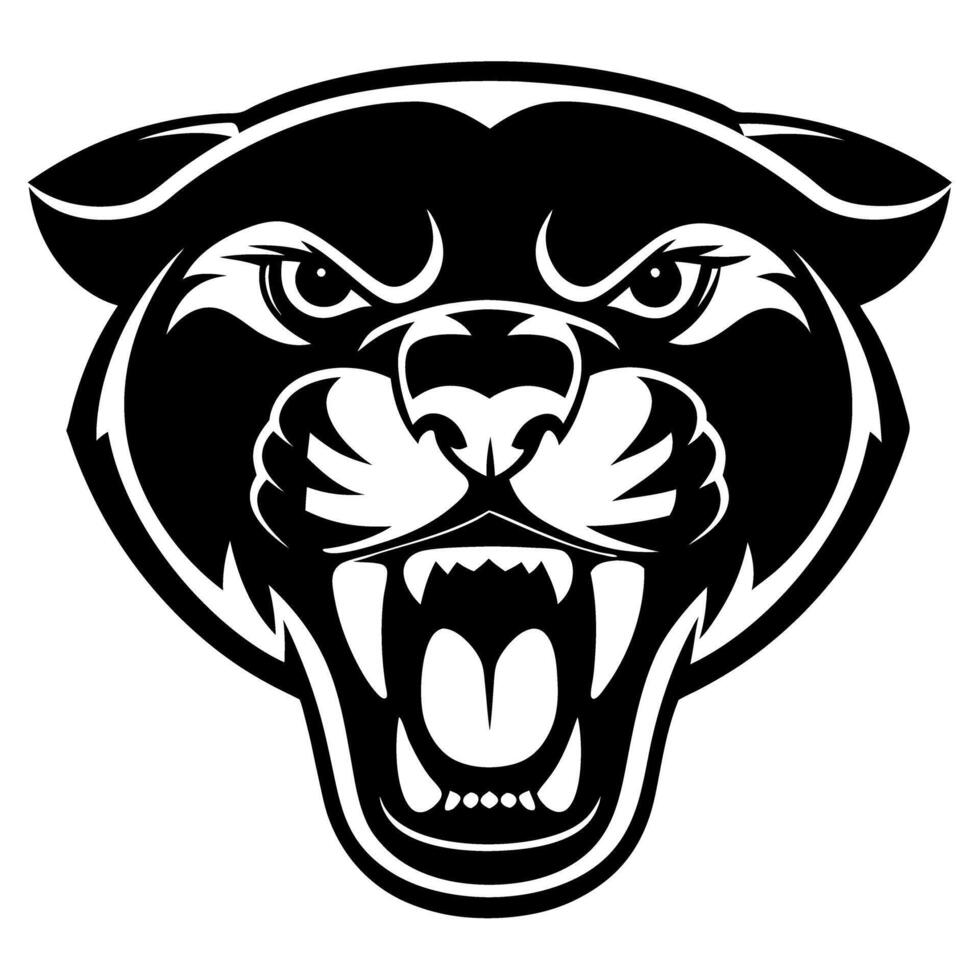 Fierce panther head roaring with open mouth aggressive wildcat mascot, powerful animal symbol, black and white illustration vector