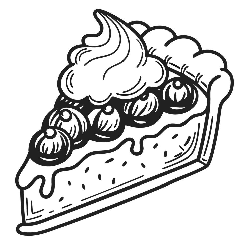 Slice of berry pie with whipped cream hand drawn dessert illustration, detailed sweet pastry with fruit filling and topping vector