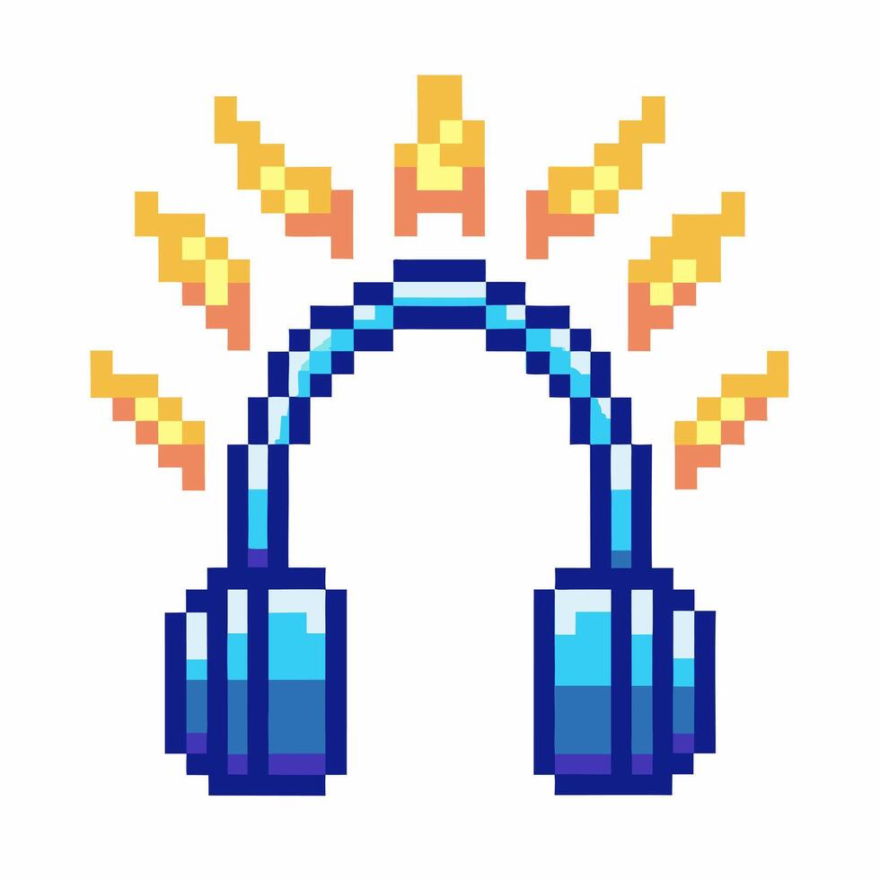 Pixel art blue headphones with music sound waves vibrant retro headset icon, audio listening, digital technology concept vector