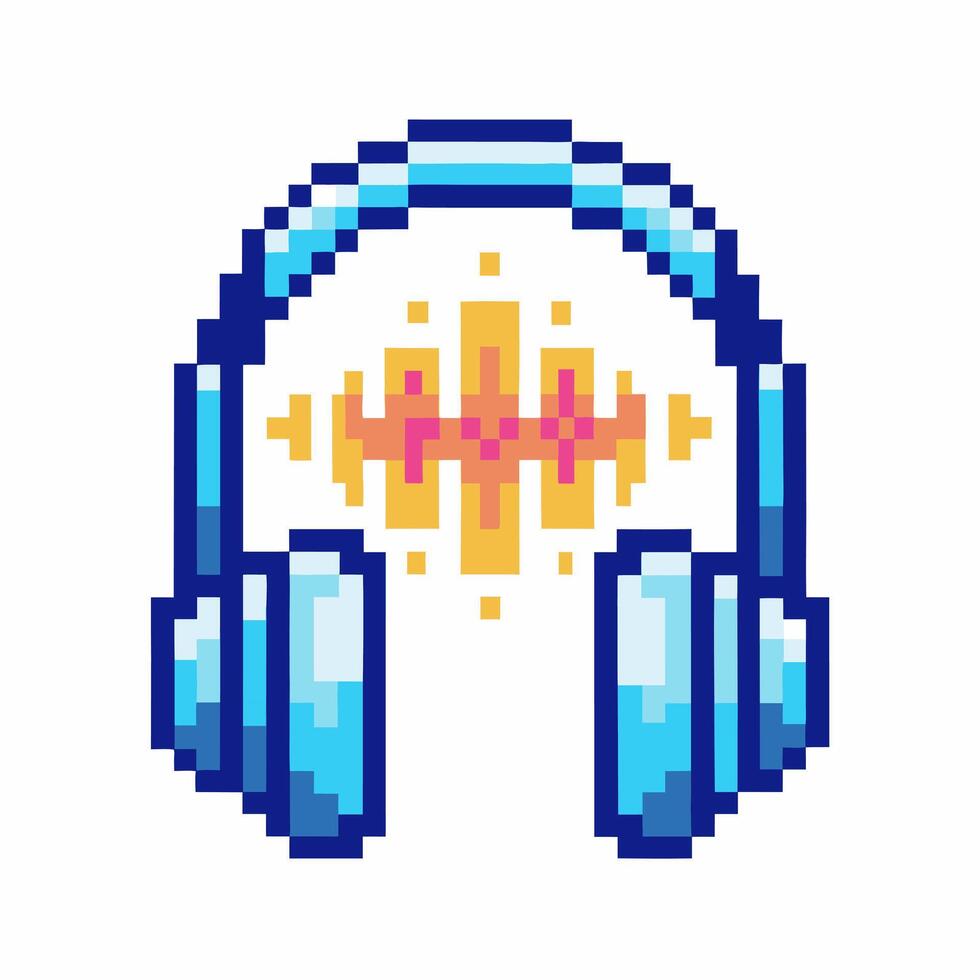 Pixel art blue headphones with soundwave retro gaming audio concept for music, listening, podcast and digital sound vector