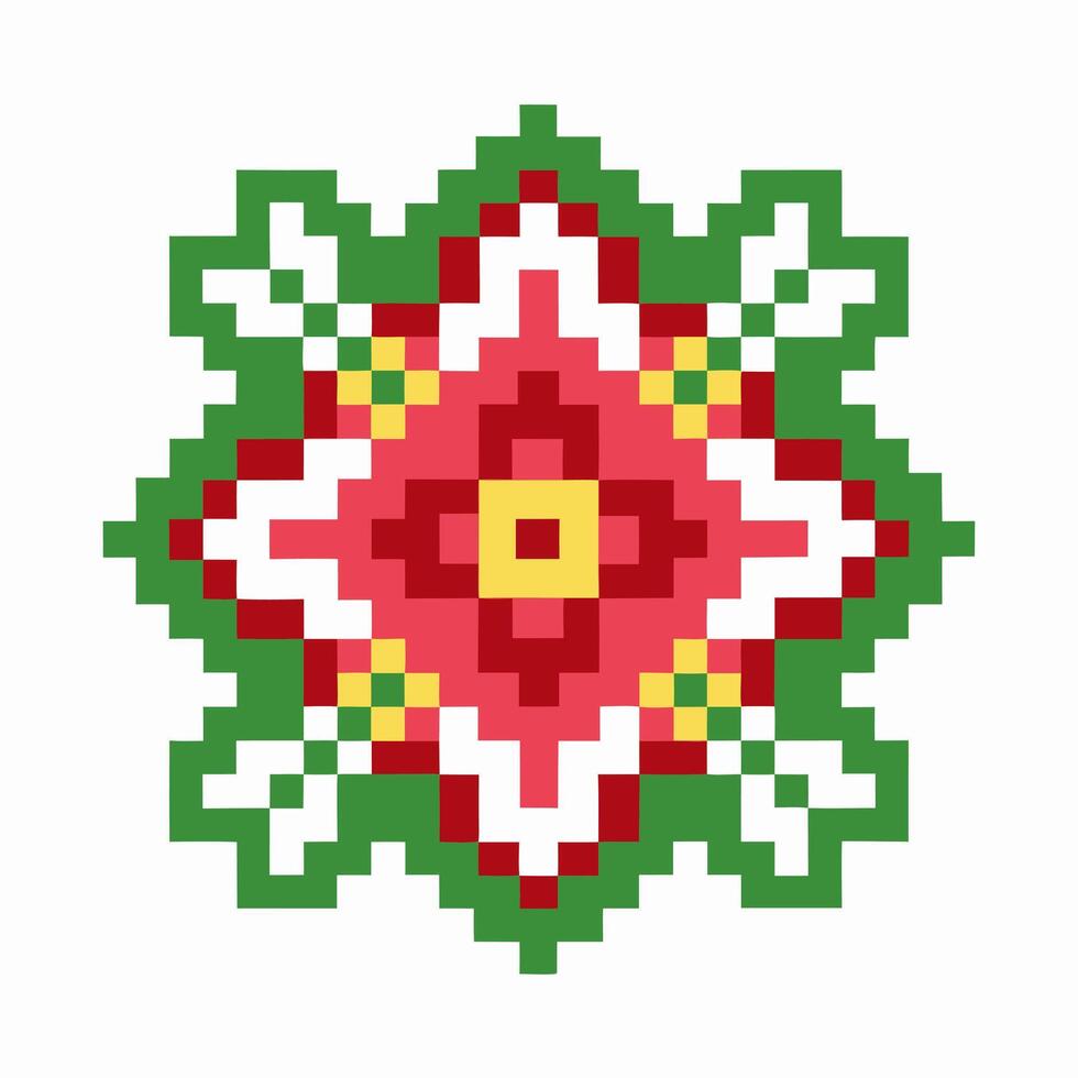 Pixel art floral mandala with geometric symmetry, vibrant red, green, and yellow cross stitch pattern illustration vector