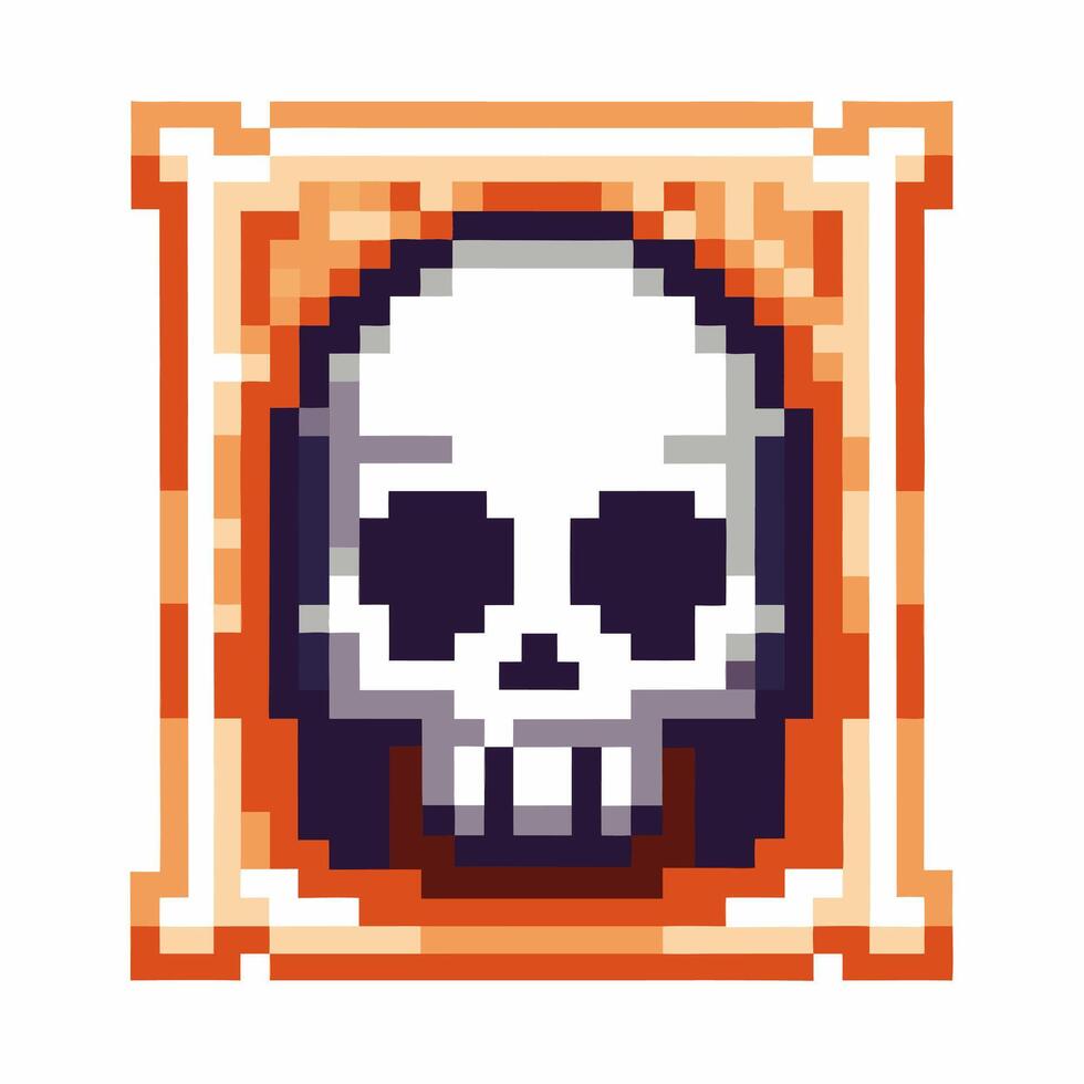 Pixel art skull icon retro 8 bit human skull symbol in orange square frame, game life lost, spooky element vector