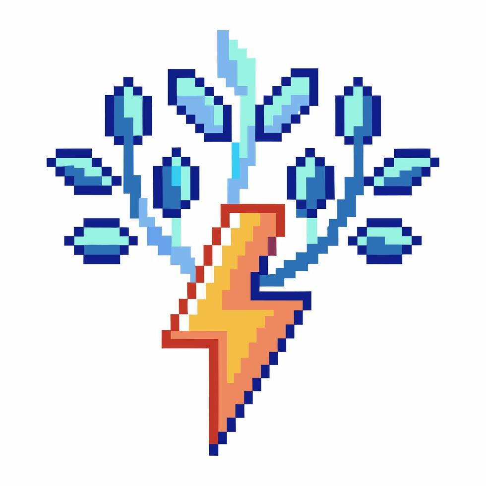 Pixel art lightning bolt with blue leaves branches, energy and nature fusion, eco friendly sustainable power symbol vector