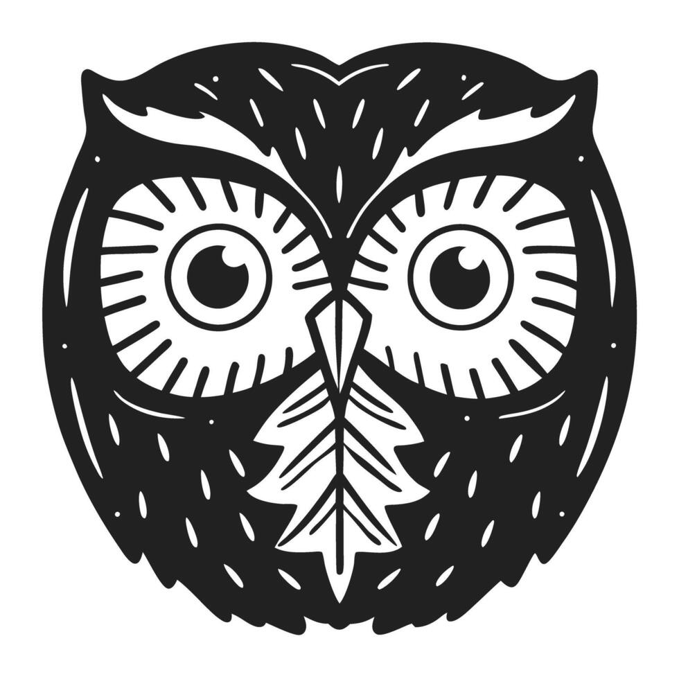 Owl face illustration in bold black and white stylized animal head, large eyes, woodland creature, nature symbol, graphic art vector