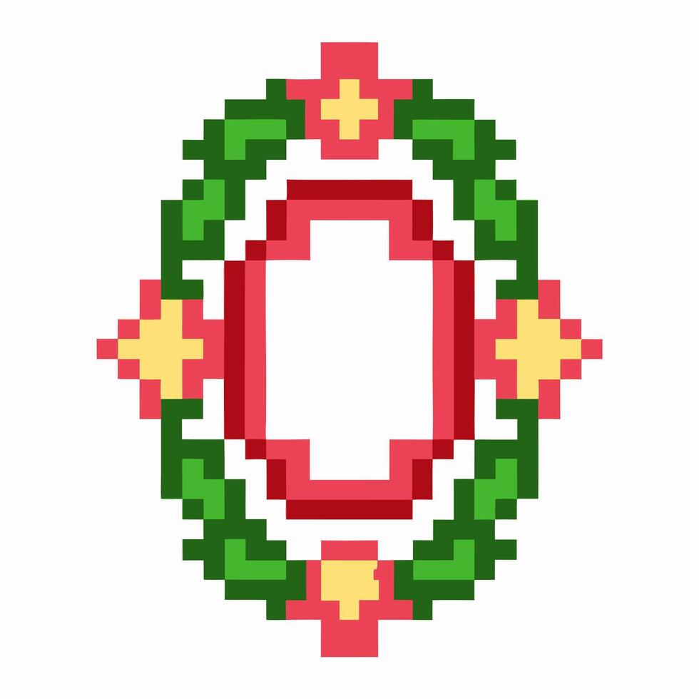 Pixel art floral frame with ornamental border colorful geometric folk design, symmetrical pattern with blank center vector