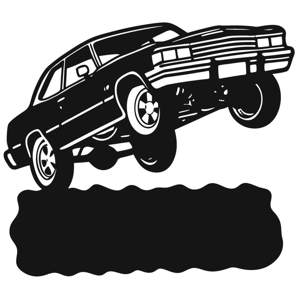 Classic muscle car performing a front wheel lift retro automobile illustrated in bold black lines, excitement and power vector