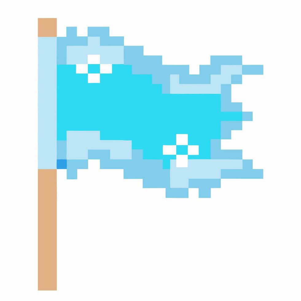 Pixel art blue flag with white cross pattern digital retro banner, game style, isolated wooden pole, simple geometric design vector