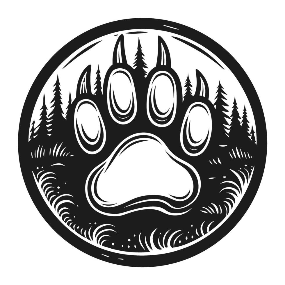 Bear paw print emblem with forest background wilderness, wildlife conservation, animal tracking, outdoor adventure concept vector