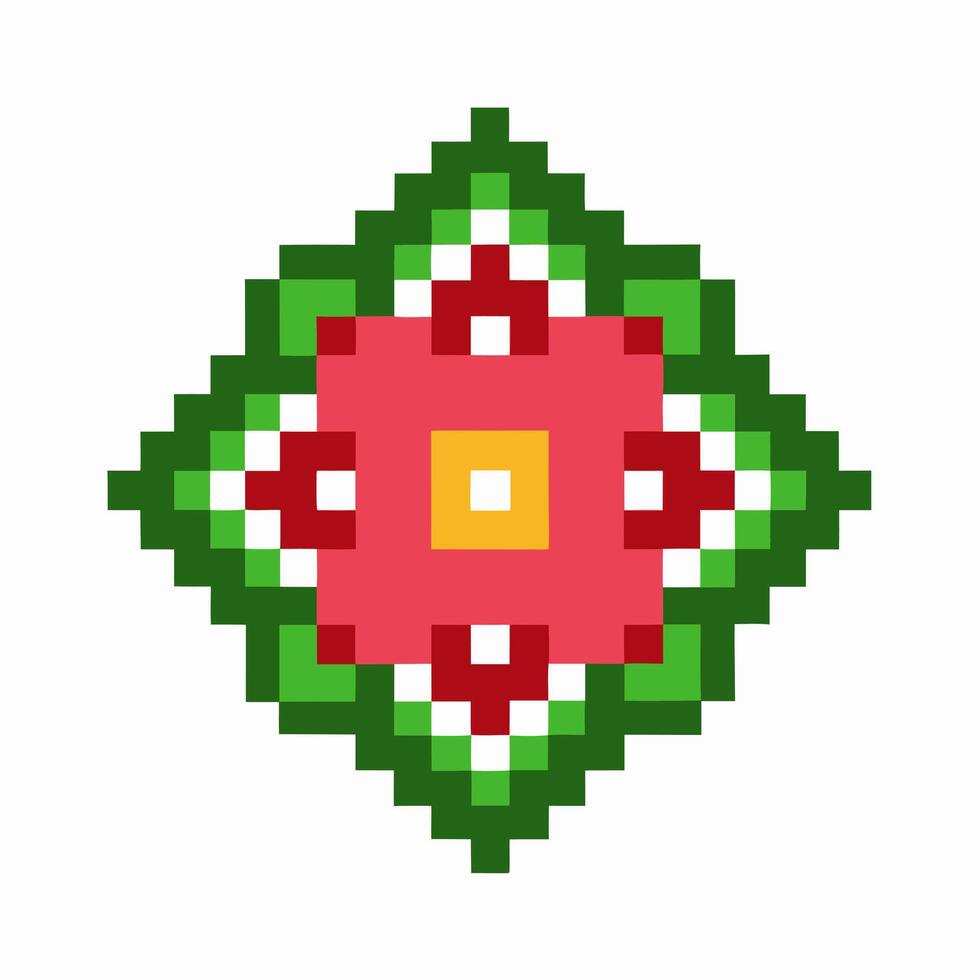 Pixel art floral motif with geometric symmetry, pink flower pattern, green leaves, and yellow center on white background vector