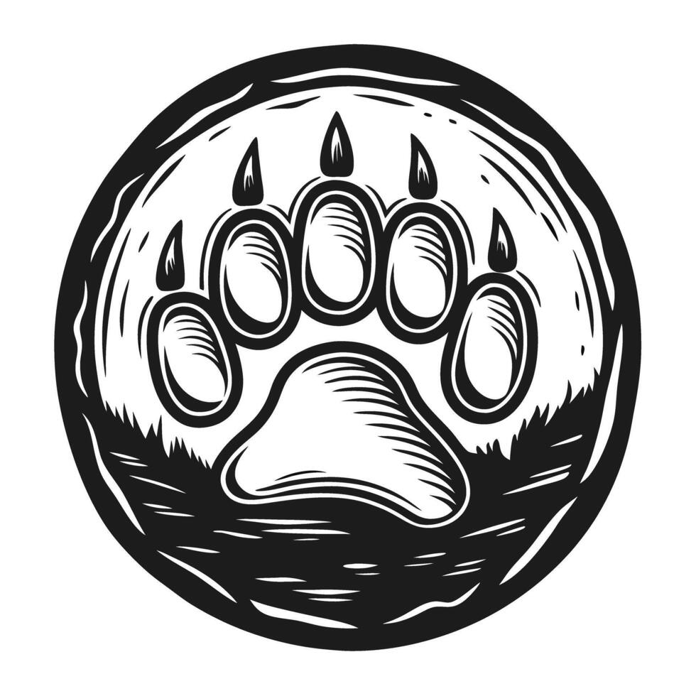 Bear paw print icon, detailed black and white illustration of wild animal footprint with claws, wildlife symbol vector