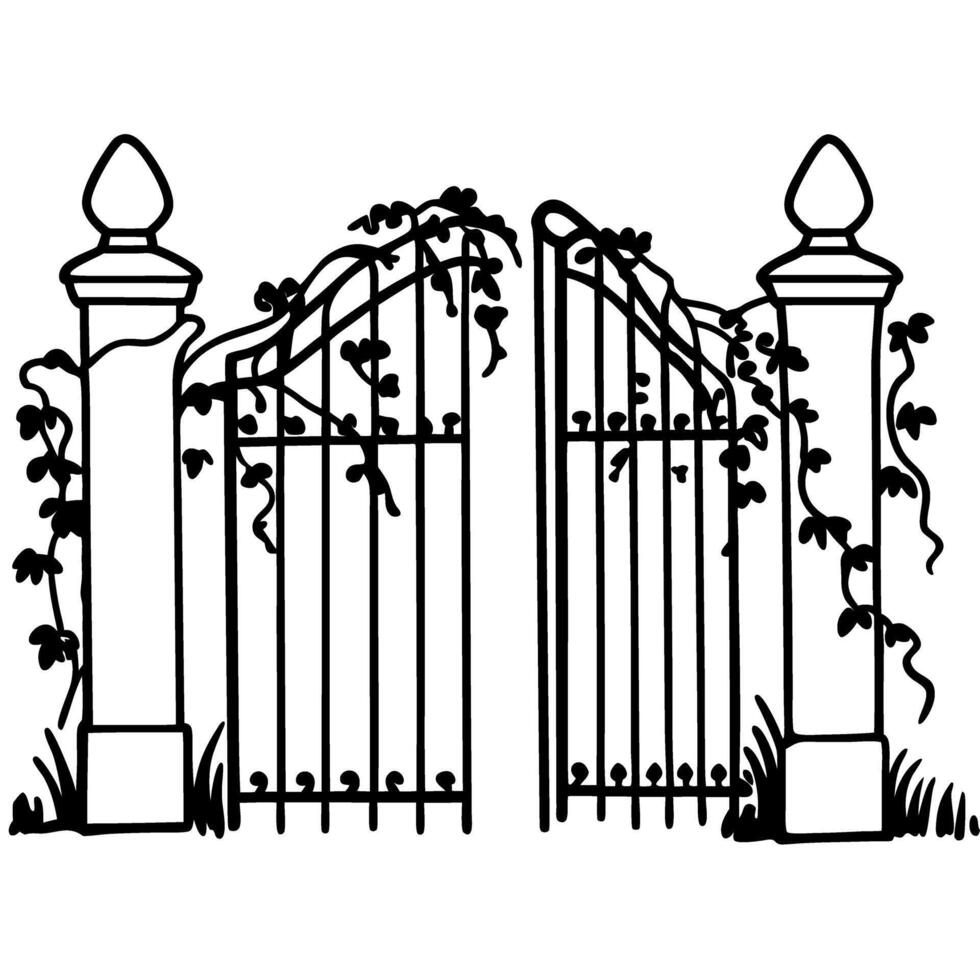 Ornamental iron gate with climbing vines, open entrance, tall pillars, classic garden, vintage wrought iron fence illustration vector