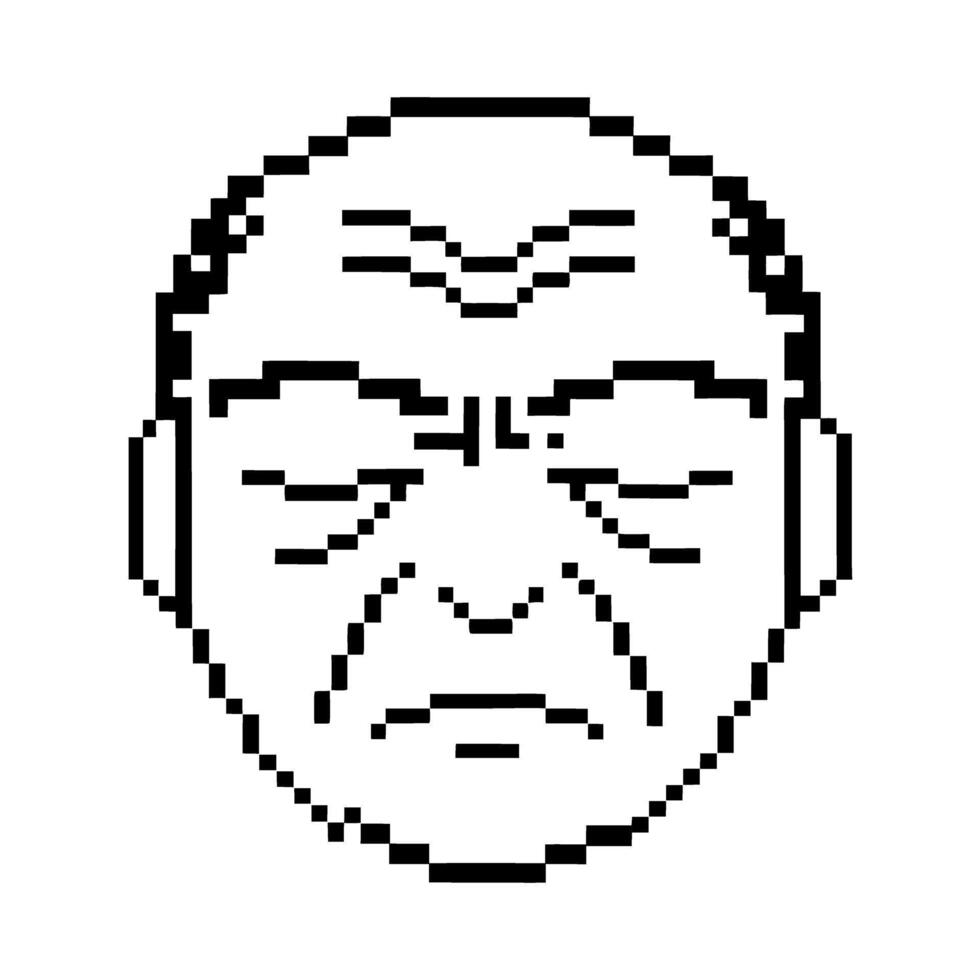 Pixel art elderly man face, frowning expression with wrinkled forehead black and white retro digital character illustration vector
