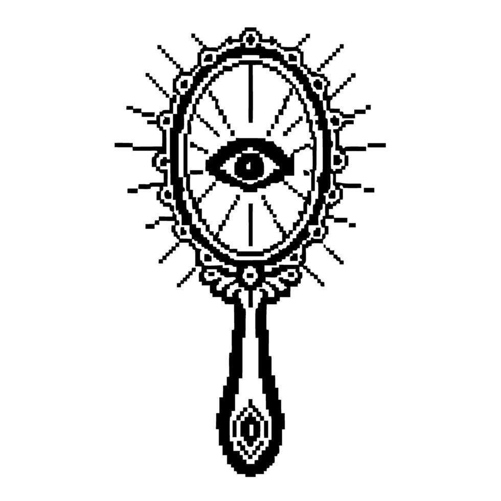 Mystical vintage hand mirror with all seeing eye symbol monochrome pixel art, occult esoteric design, magical vision concept vector