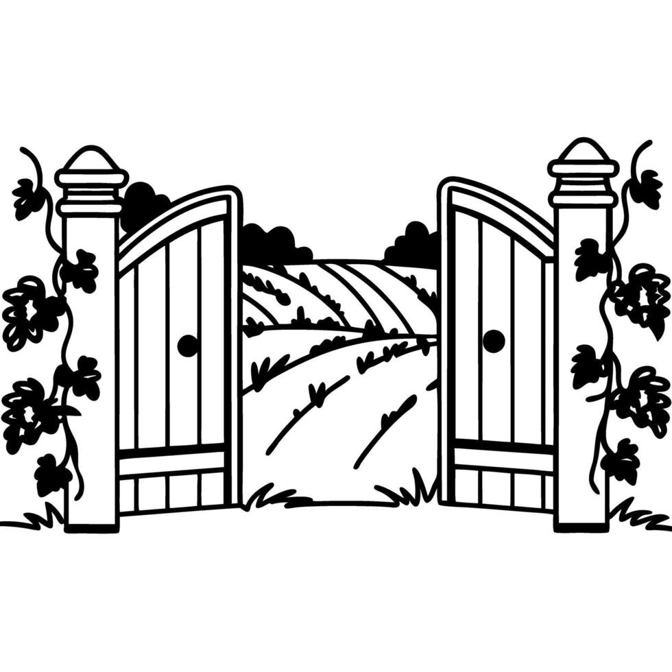 Open wooden gate with climbing vines, countryside landscape, fields, and road rural farm scene, agriculture pathway illustration vector