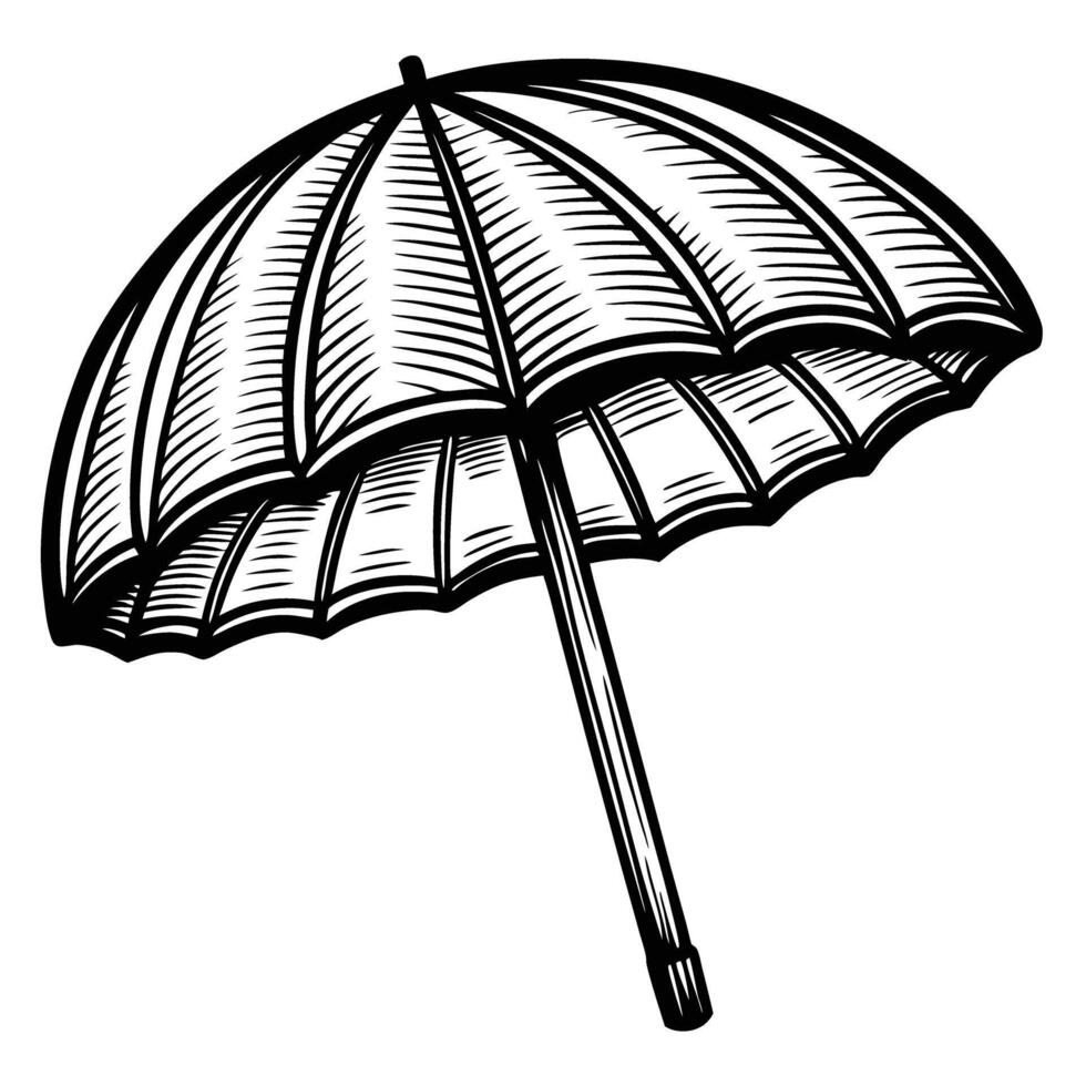 Hand drawn beach umbrella illustration vintage striped sunshade sketch, summer vacation icon, black and white retro vector
