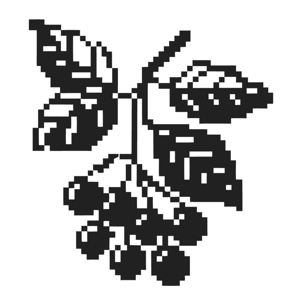 Black and white pixel art illustration of a berry branch with leaves and berries, vintage retro design isolated on white background vector