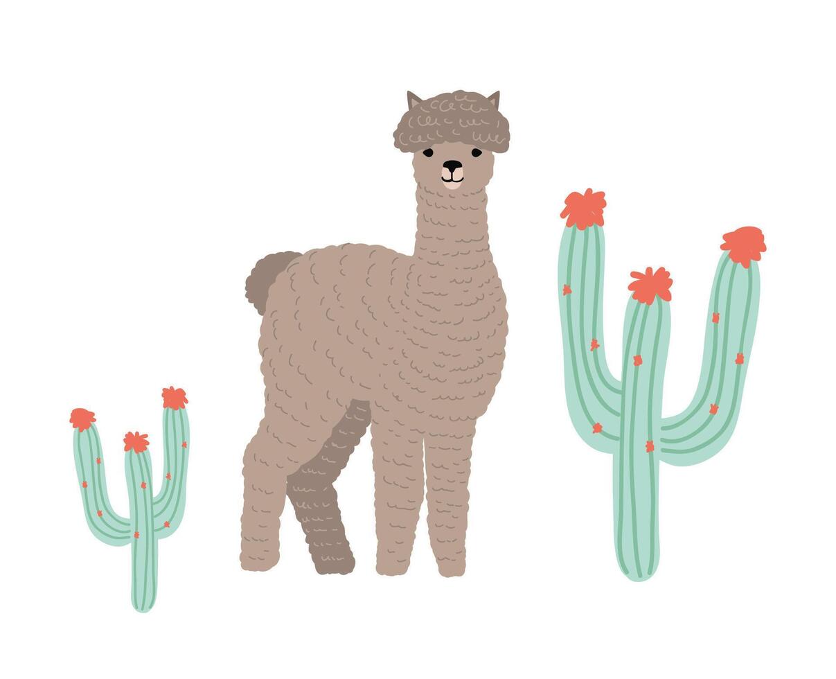 Cute llama or cria isolated on white background. Portrait of wild South American animal grazing among succulents. Andean domestic livestock. Colorful illustration in flat cartoon style. vector