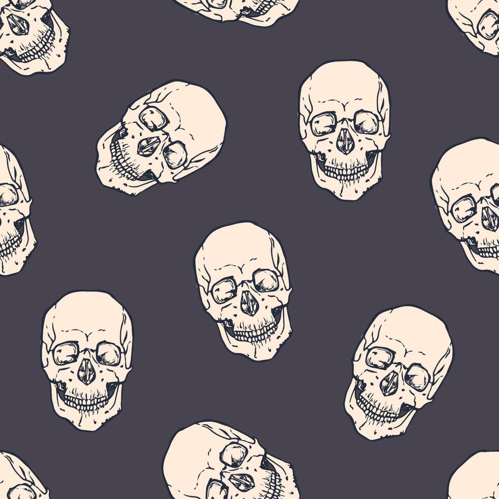 Seamless pattern with horrible realistic human skulls on dark background. Backdrop with frightening dead heads. Halloween monochrome illustration for wrapping paper, wallpaper, textile print. vector