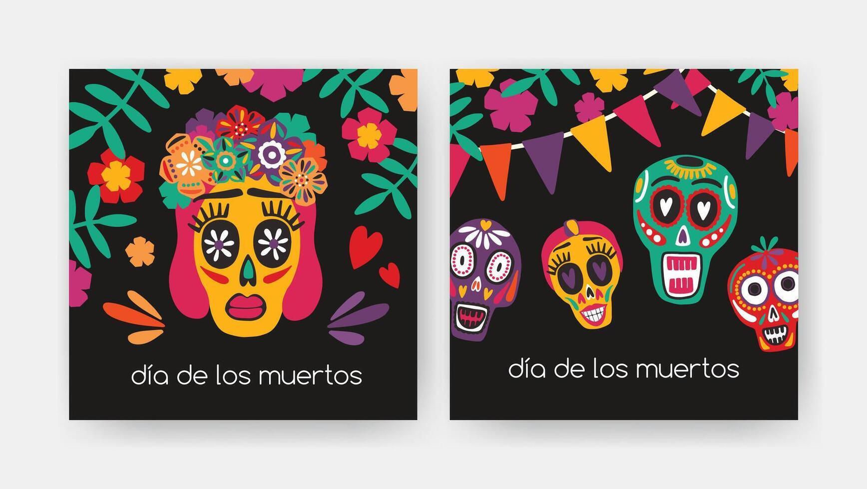 Bundle of square cards with Dia De Los Muertos inscription, Mexican calaveras or sugar skulls, Catrina's face on black background. Holiday illustration for Day of The Dead party invitation. vector
