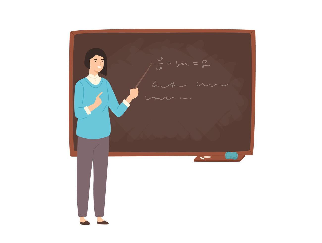 Happy young female college teacher, university professor, lecturer or educational worker standing beside chalkboard, holding pointer and teaching. Colorful illustration in flat cartoon style. vector
