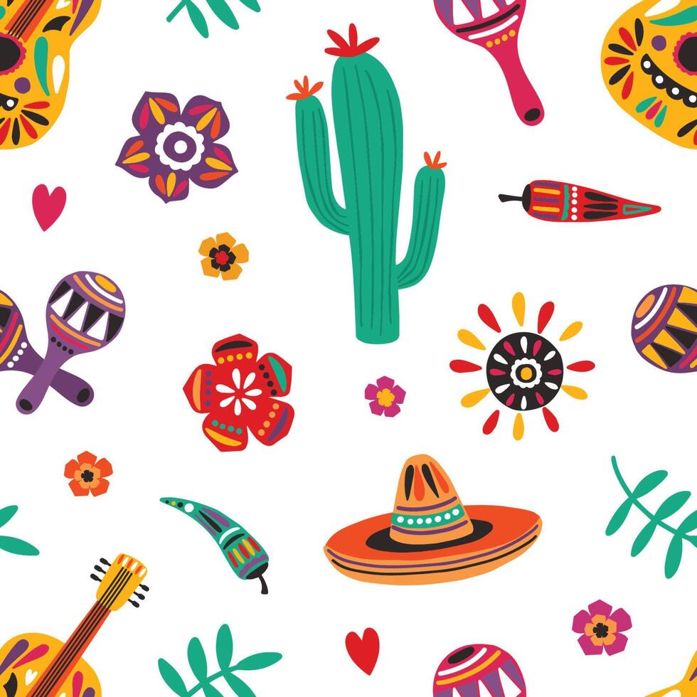 Mexican seamless pattern with traditional Mariachi sombrero, guitar, maracas, cactus, pepper, flowers on white background. Motley illustration for textile print, wrapping paper, wallpaper. vector