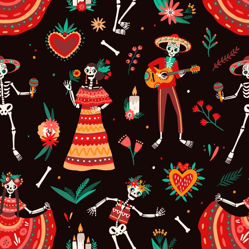 Colorful skeletons dancing in a pattern vector