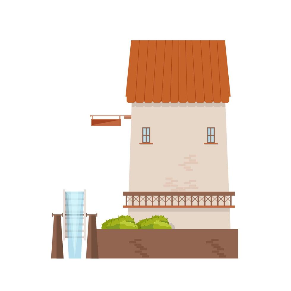 Watermill with brick walls and wheel isolated on white background. Old water mill. Farming structure with rotating mechanism. Countryside building. Colored illustration in flat cartoon style. vector