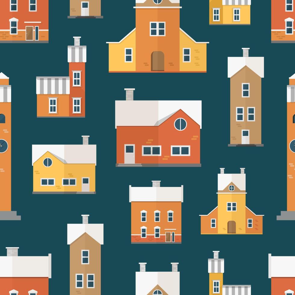Seamless pattern with antique city buildings, clock towers. Backdrop with residential houses of old European architecture. Colored illustration in flat cartoon style for textile print. vector