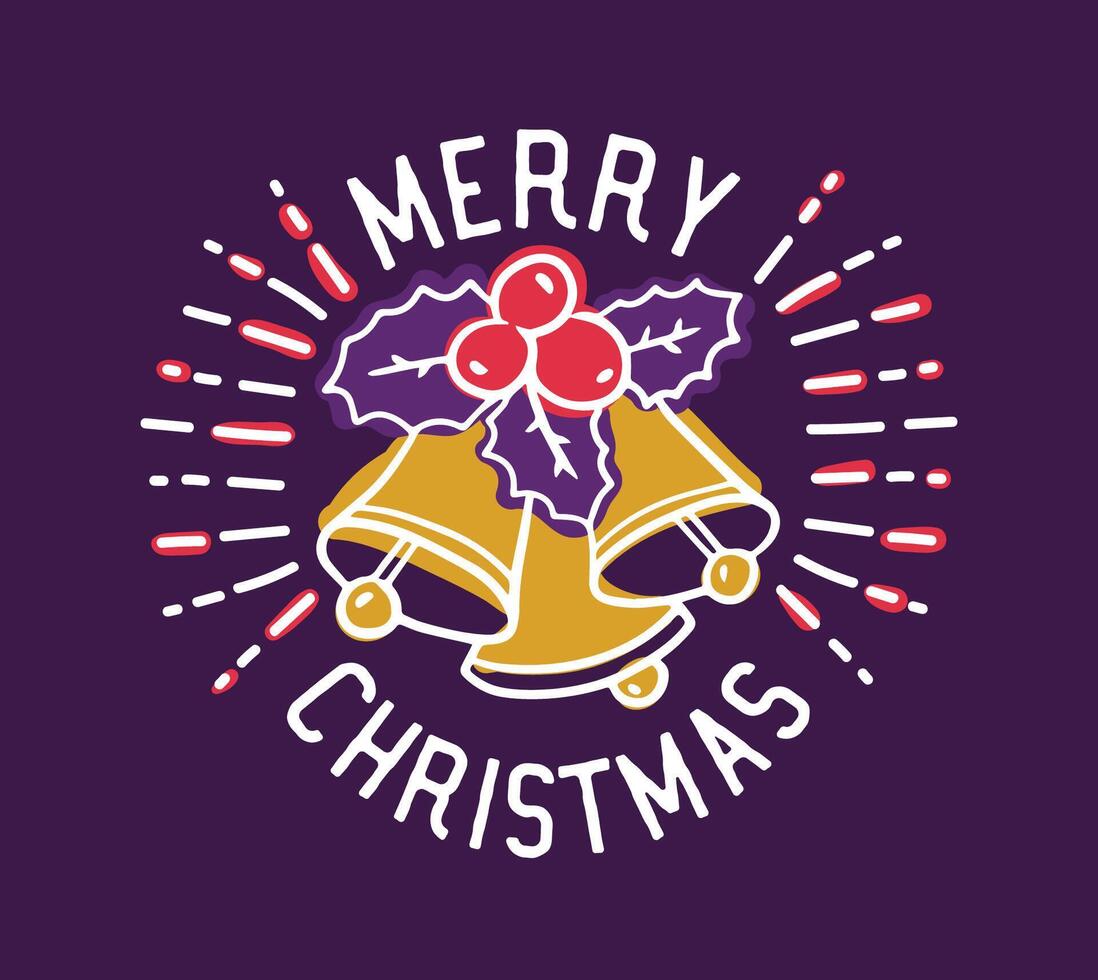 Merry Christmas inscription written with elegant calligraphic font. Handwritten holiday message or wish decorated with ringing bells, holly leaves and berries. Seasonal trendy illustration. vector