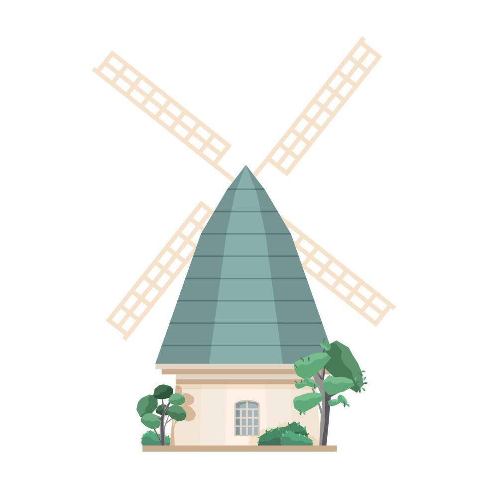 Windmill isolated on white background. Old European post mill. Farm structure or construction for agricultural production. Countryside building. Colored illustration in flat cartoon style. vector