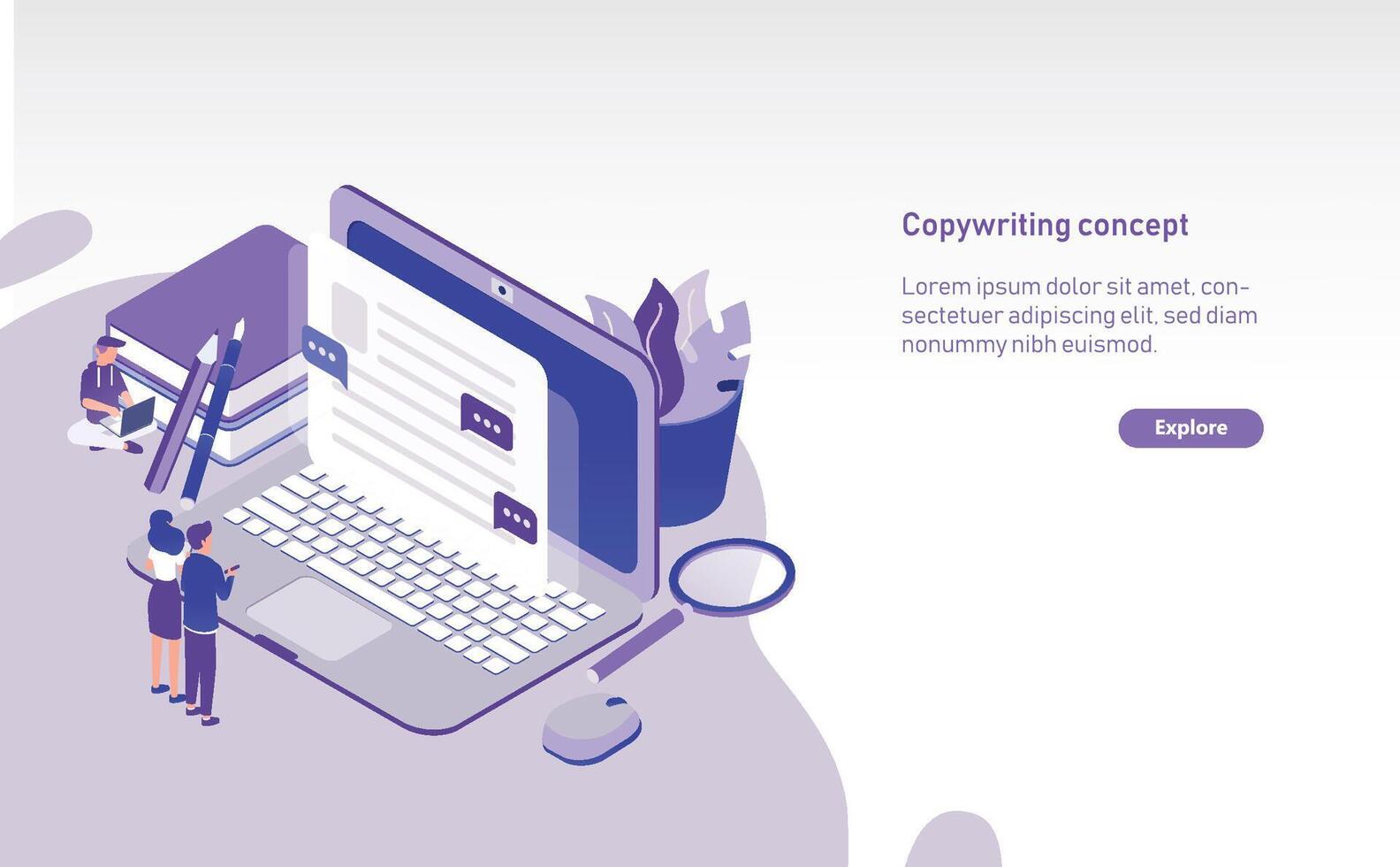 Modern horizontal web banner template with tiny people standing in front of giant laptop and looking at text displaying on screen. Copywriting, content management and SEO. Colored illustration. vector