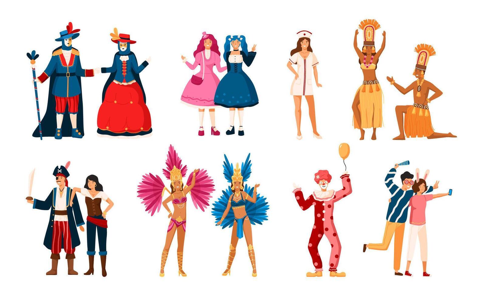 Collection of smiling men and women dressed in various festive costumes for holiday masquerade, Venetian or Brazilian carnival, home theme party. Colorful illustration in flat cartoon style. vector