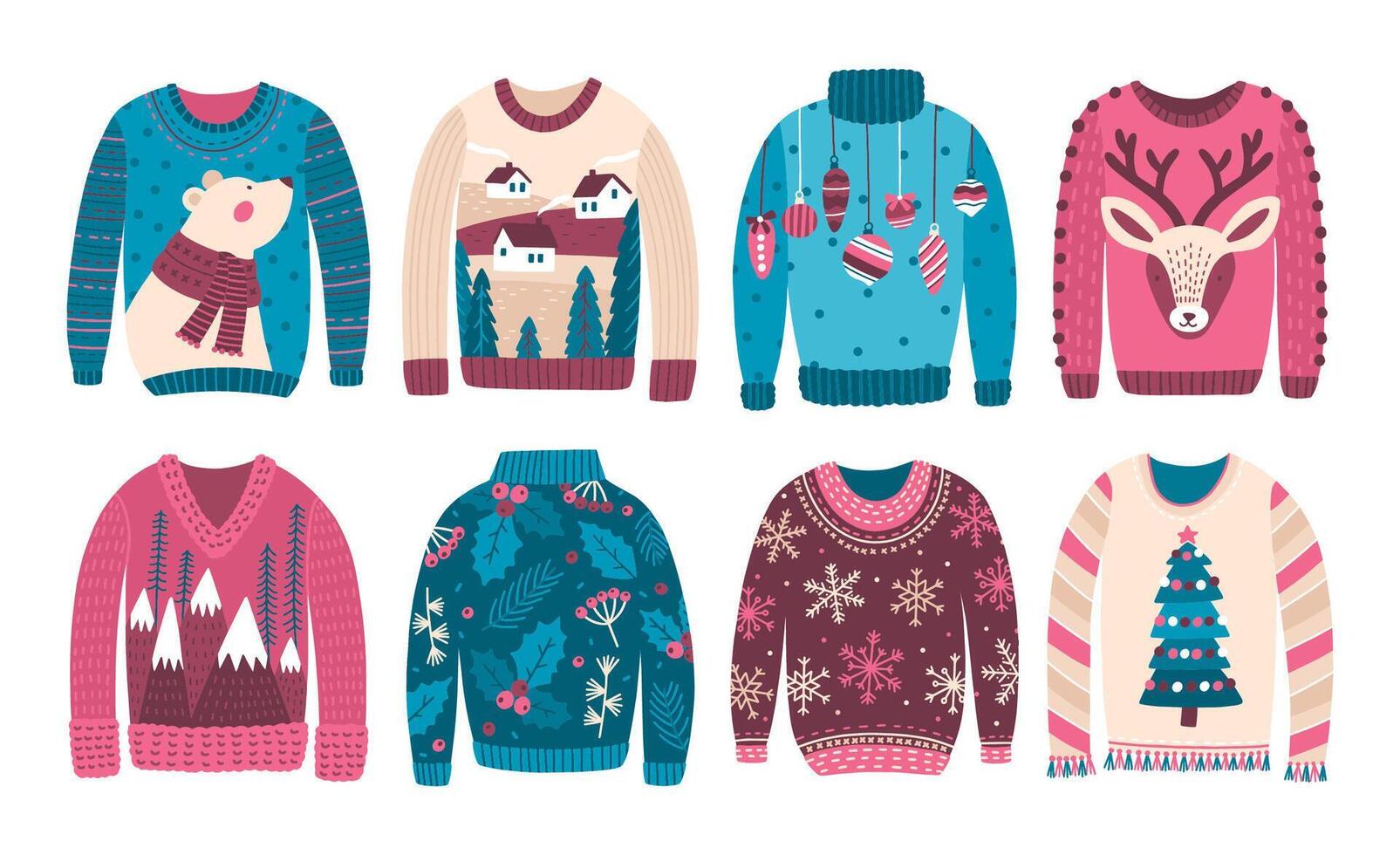 Bundle of ugly Christmas sweaters or jumpers isolated on white background. Collection of odd or strange seasonal woolen clothes with holiday prints and patterns. Flat cartoon illustration. vector