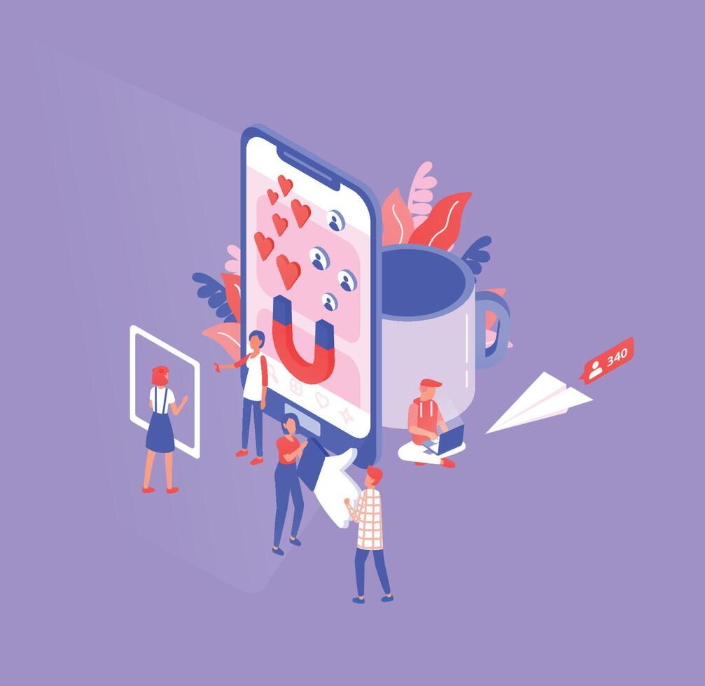 Isometric composition with tiny men and women and giant smartphone, cup and paper plane. Social media and network tools for internet marketing, promotion. Modern colored illustration. vector
