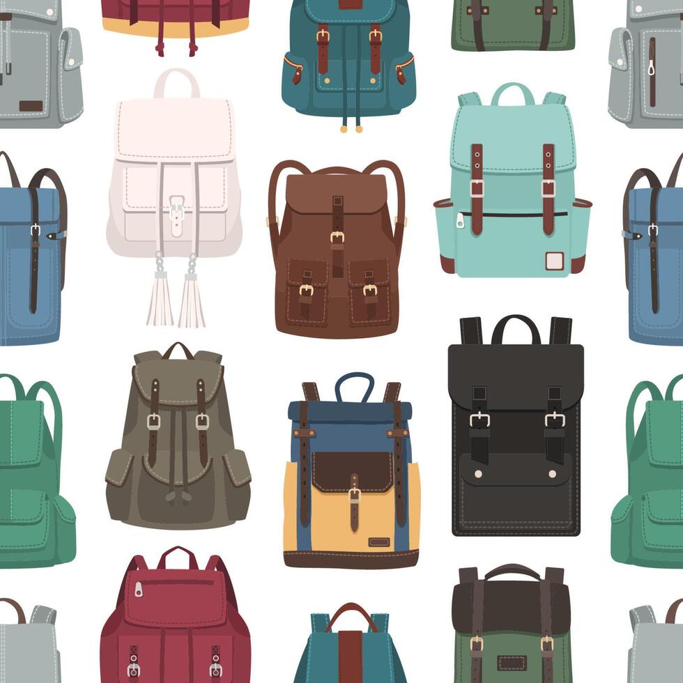 Colored seamless pattern with trendy backpacks or rucksacks of different models. Backdrop with stylish bags on white background. illustration for textile print, wrapping paper, wallpaper. vector