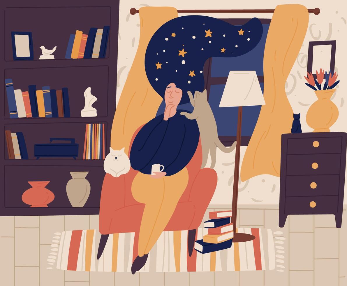 Young girl with closed eyes and night starry sky or space instead of hair sitting in chair and dreaming or daydreaming. Fantasy and imagination. Colorful illustration in flat cartoon style. vector
