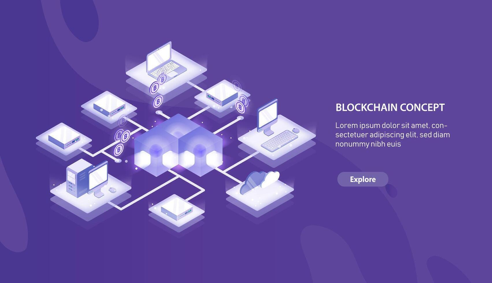 Horizontal banner template with computers connected into blockchain formation or Bitcoin network and place for text. Isometric illustration for cryptocurrency service internet advertisement. vector