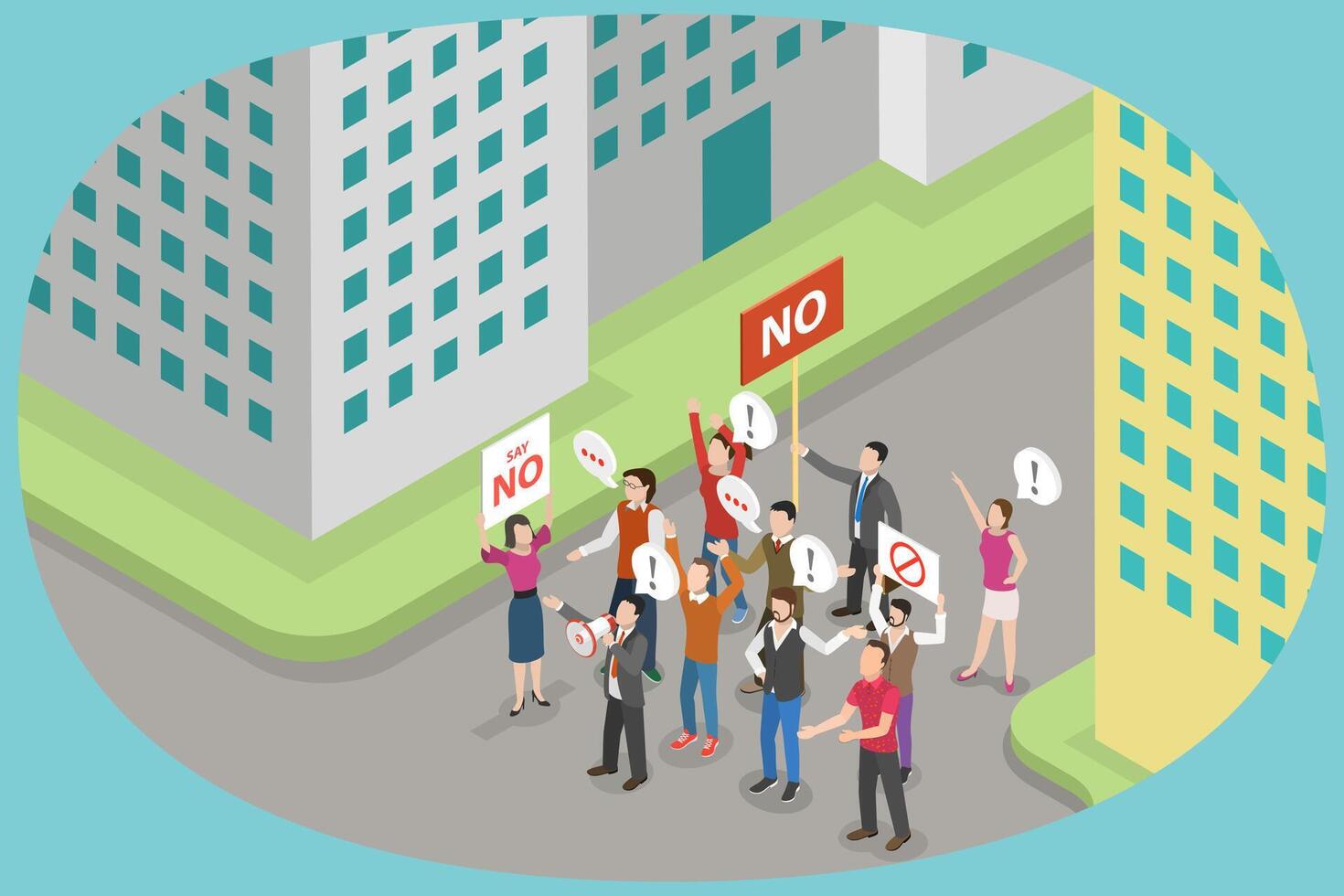 Protesters holding signs opposing development vector