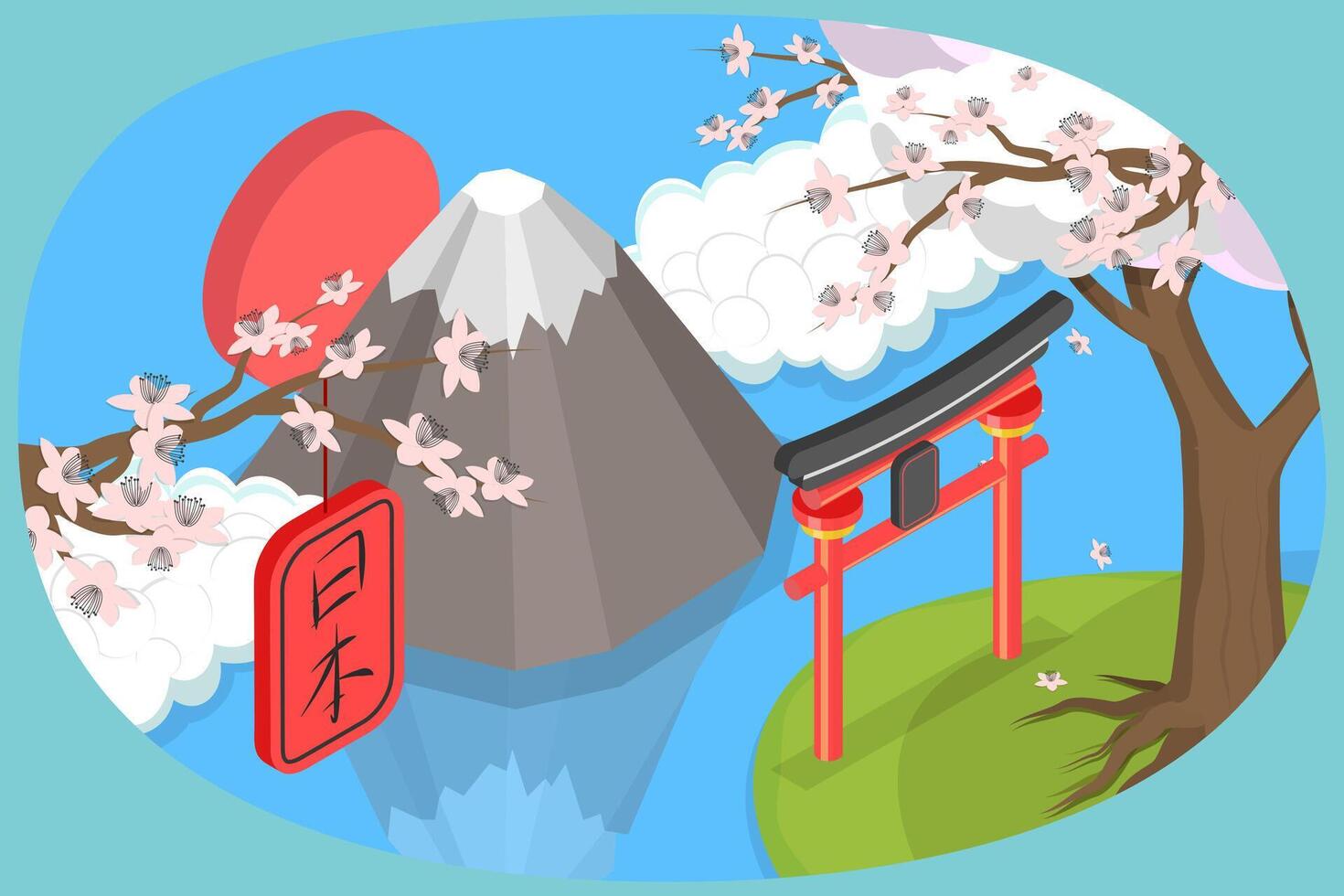 Japanese landscape with cherry blossoms and Mt. Fuji vector