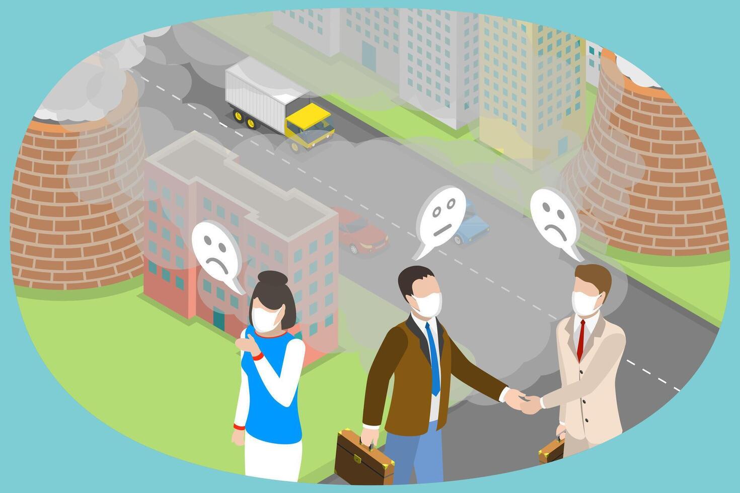 3D Isometric Flat Conceptual Illustration of Polluted Air, Industrial White Smog Fog vector