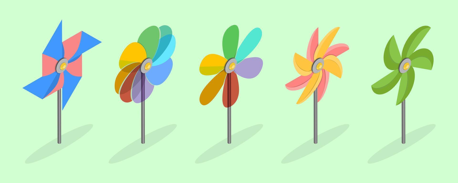 3D Isometric Flat Set of Pinwheels, Summer Ventilator Toys vector