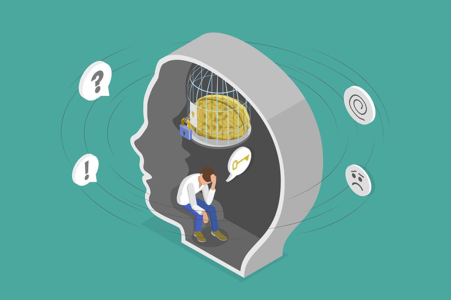 3D Isometric Flat Conceptual Illustration of Mental Trap , Mind Prison vector