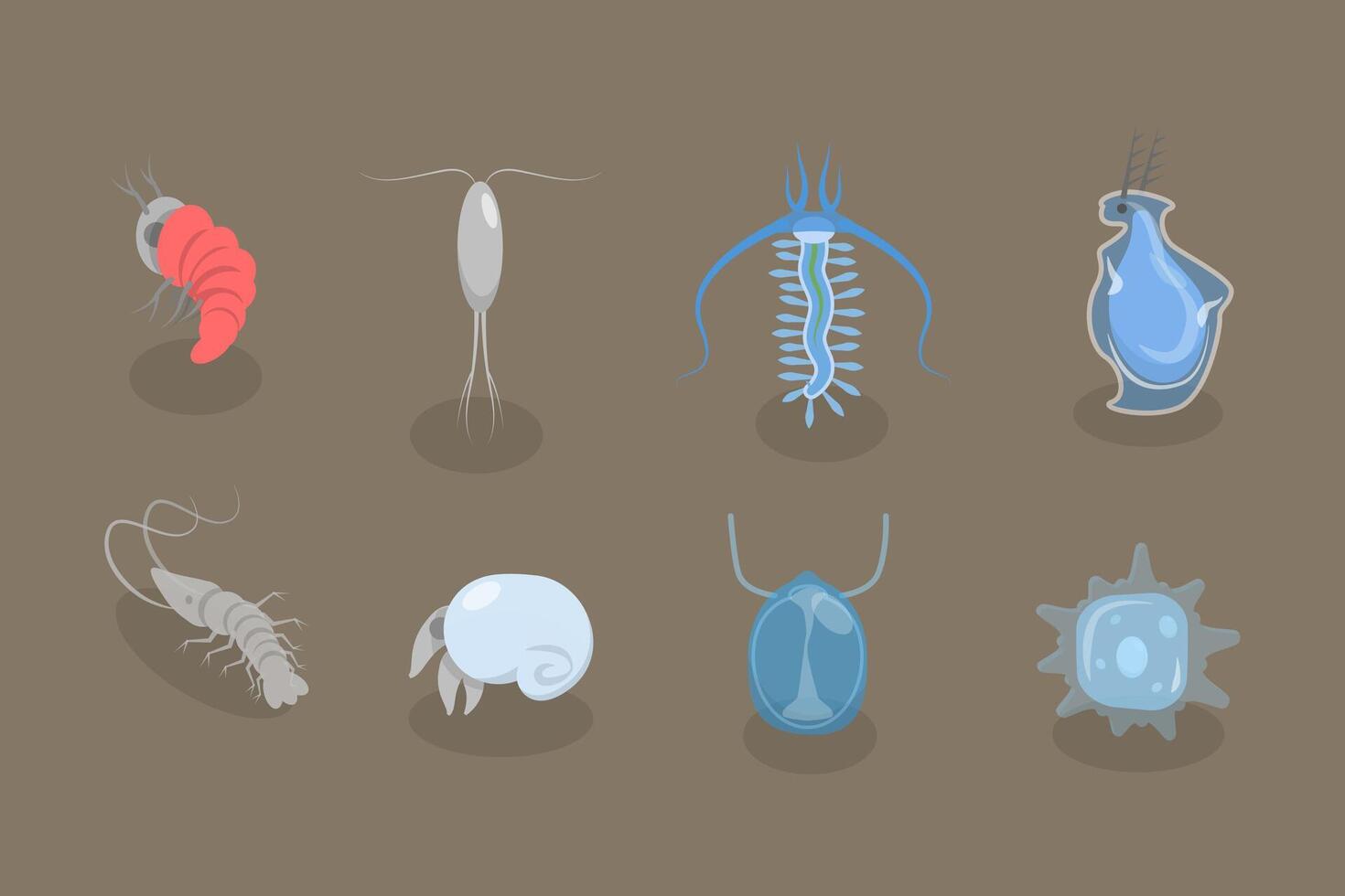 3D Isometric Flat Set of Varieties Of Plankton, Collection of Small Water Organisms vector